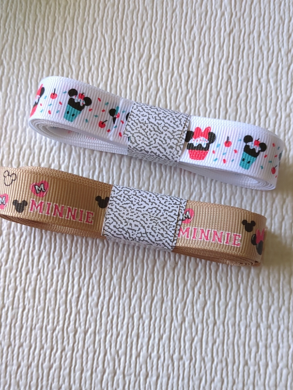 🎂Disney Grosgrain Ribbons - Brown Minnie and White Mickey/Minnie Cupcakes
